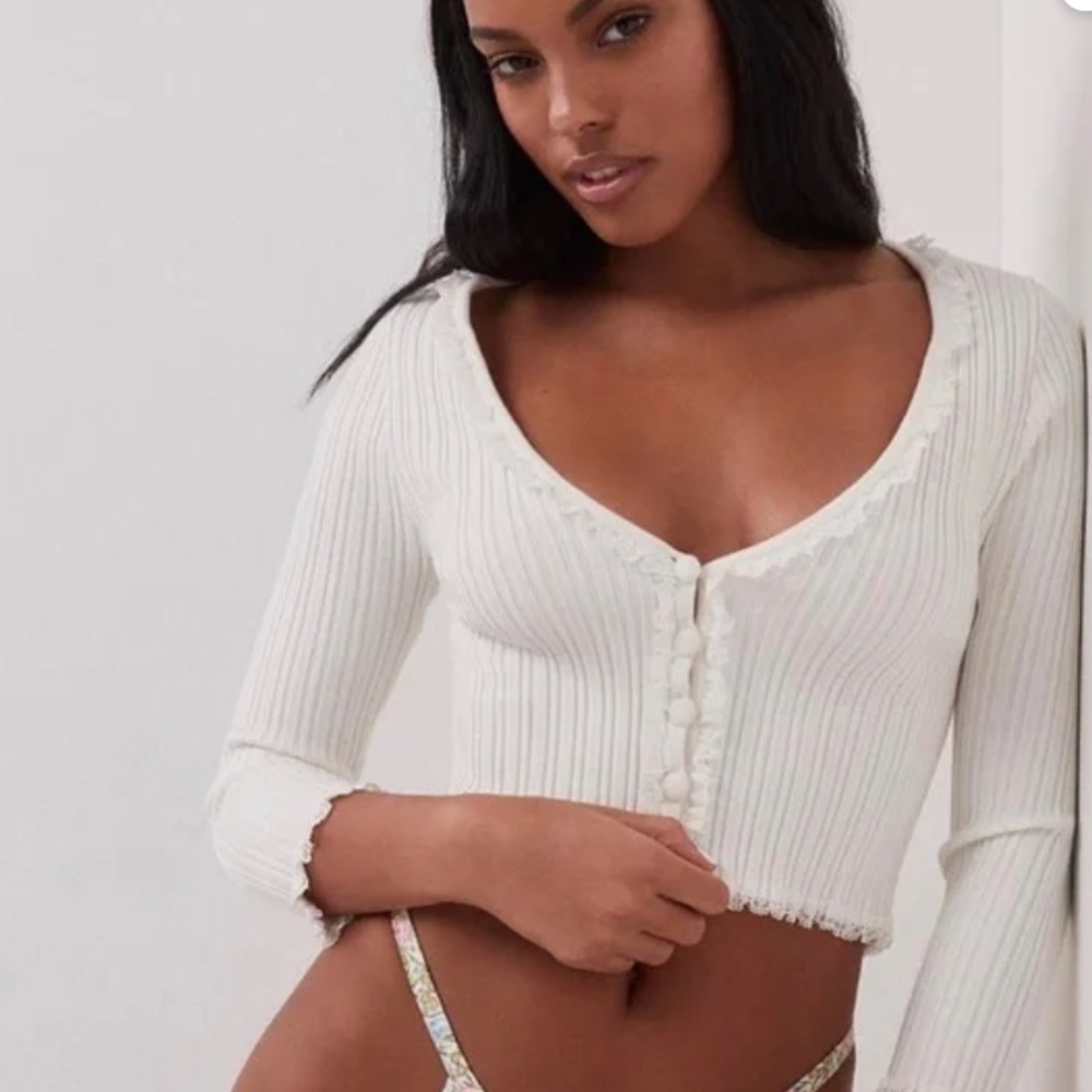 For Love & Lemons White Ribbed Button-Up Cardigan sz Medium